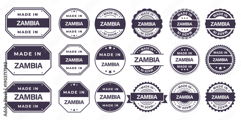 Obraz premium Made in ZAMBIA Vintage Stamp Badges Collection, Made in ZAMBIA Retro Badge & Stamp Logo Collection
