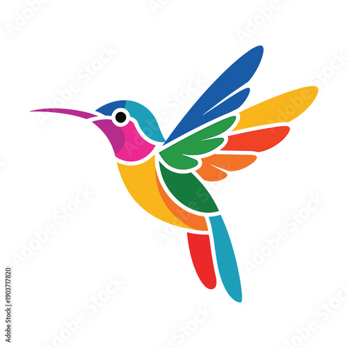 Colorful hummingbird illustration with vibrant overlapping geometric shapes