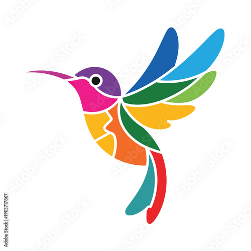 A vibrant stylized hummingbird illustration with multicolored geometric shapes