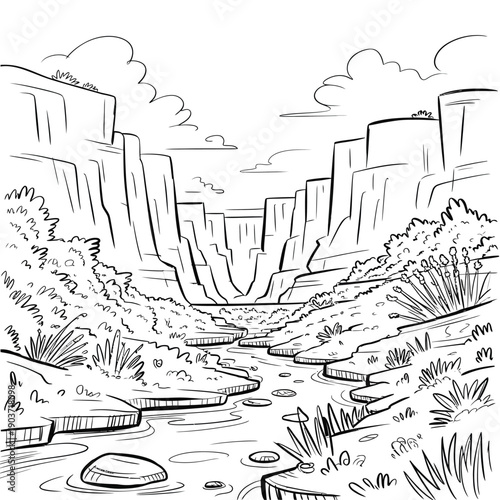 A detailed pen and ink drawing of a canyon landscape with a river