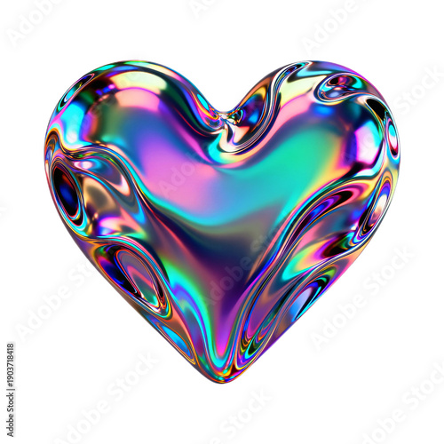 Vibrant iridescent liquid heart 3D render, colorful metallic fluid sculpture of love and emotion with holographic reflection for modern design