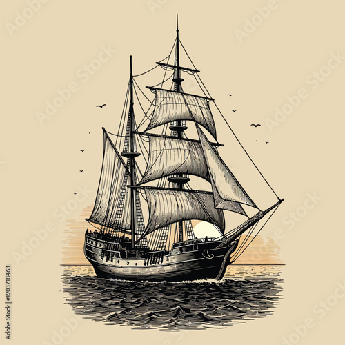 Vintage Sailing Ship Engraving Vector Illustration