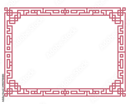 Red geometric border frame with greek key pattern design oriental frame for invitation card decorative rectangle ornament on transparent background
