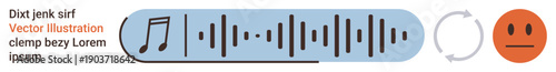 Sound feedback, podcasting, communication design, user interface, emotions, sound analysis. Music note, audio waveform refresh icon and emotive face in linear layout. Sound feedback and podcasting