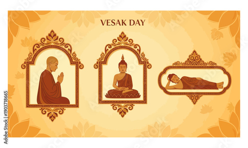 Vesak Day Buddhist Silhouette in Golden Ornamental Frame Vector 2