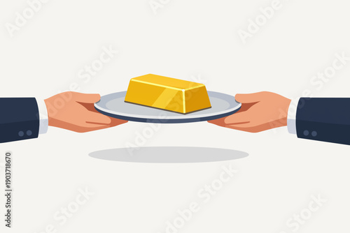 Hands offering a gold bar on a platter, symbolizing wealth, investment, and reward