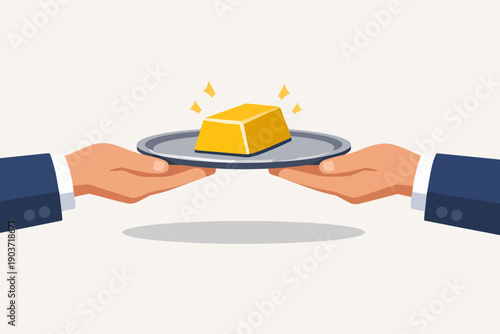 Hands holding gold bullion on a tray, symbolizing wealth, success, and investment