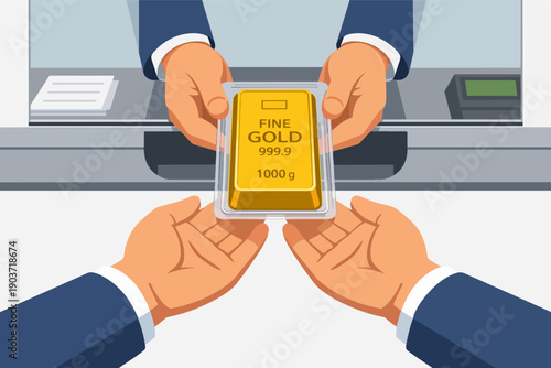 Handing over gold bullion to customer, bank transaction, investment security