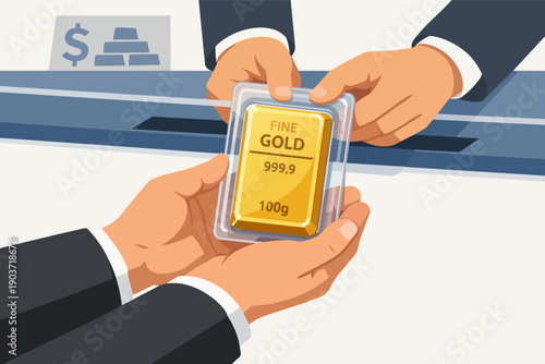 Hands exchanging fine gold bar at bank counter, investing in precious metal asset