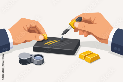 Hands performing an acid test on a touchstone to determine the authenticity and purity of gold