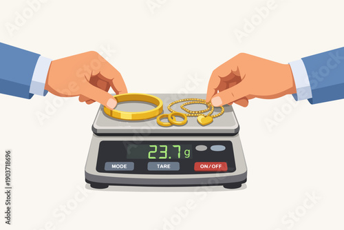 Hands weighing gold jewelry on a digital scale, calculating precious metal value