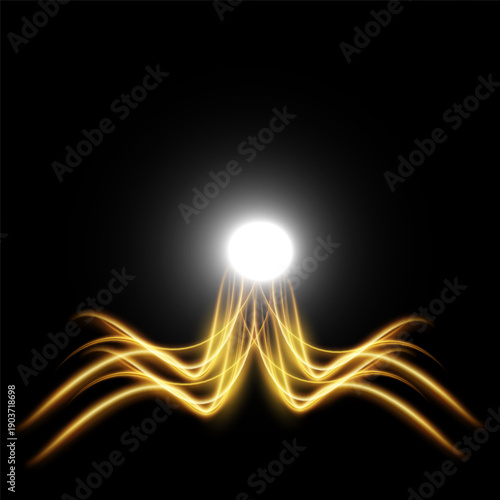 Yellow line light effect. Golden glowing neon lines. The golden glow of dust and glare. Flash of light. gold dust bokeh. Gold confetti shimmers on a dark background