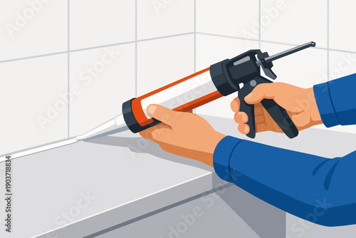 Worker applying silicone sealant with a caulking gun along kitchen or bathroom tiles