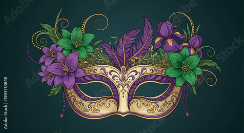 Mardi gras mask with purple flowers and green leaves on dark background