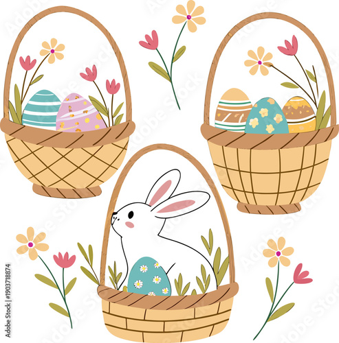 Flat Clean Easter Basket Collection - Traditional Wicker Nests with Eggs and Flowers for Spring Holiday Illustrations