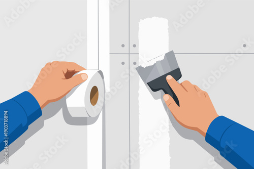 Worker hands applying joint tape and plaster to drywall panel during home renovation