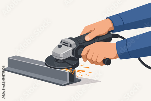 Hands operating an angle grinder cutting metal making sparks during industrial work