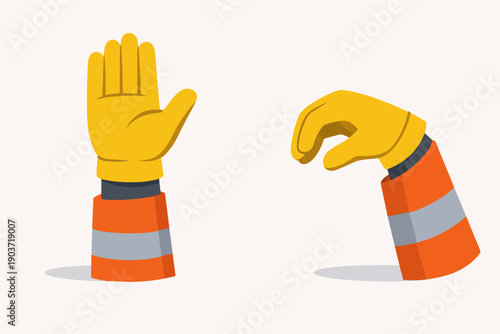 Worker hands wearing protective gloves showing stop and picking gestures