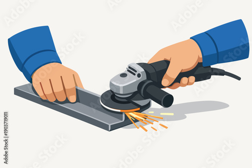 Hands grinding metal with an angle grinder tool, creating sparks in industrial work