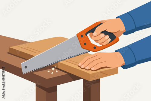 Hands sawing wood on a workbench, cutting timber planks for carpentry and diy projects