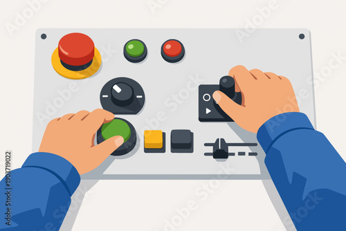 Hands operating industrial control panel with buttons and joystick, managing automation