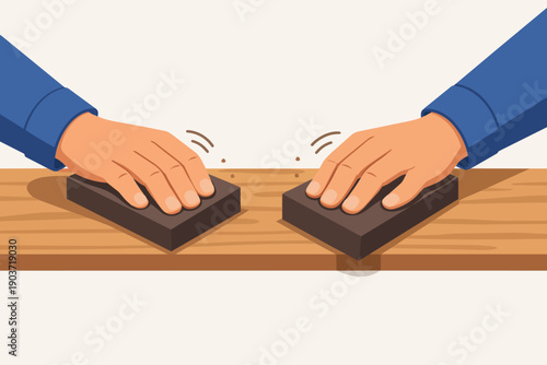Hands working on a wooden plank, smoothing the surface with manual sanding blocks
