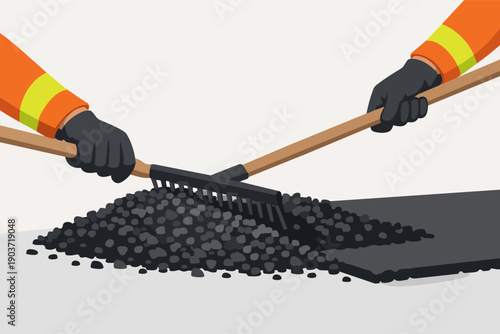 Hands of construction workers raking fresh asphalt, paving a new road surface