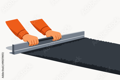 Worker hands paving new asphalt road with screed layer at construction site