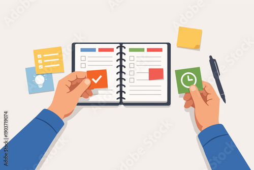 Hands arranging sticky notes with task, idea, and clock symbols on a planner