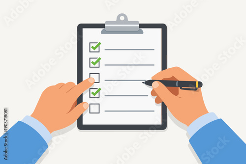 Hands checking tasks on a clipboard, completing a survey or project checklist