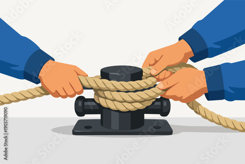 Hands tying rope to bollard, symbolizing cooperation, connection, and strong teamwork
