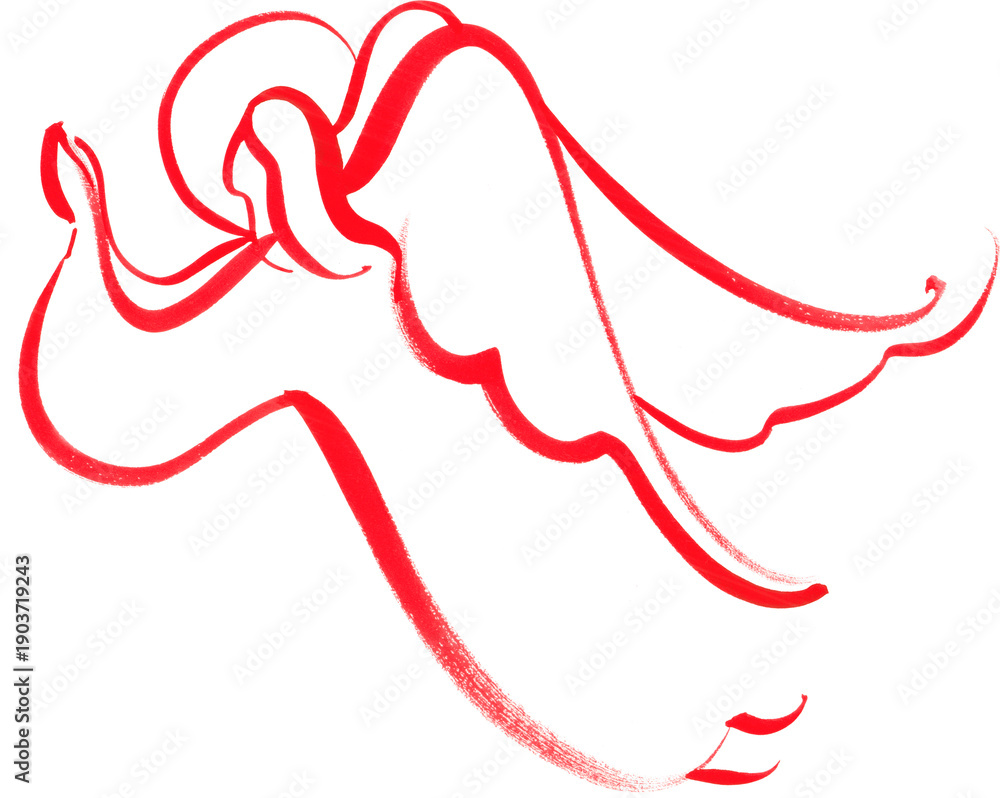 Fototapeta premium Watercolor angel drawing in red. Christian Christmas nativity scene element. Hand drawn holy spirit for greeting card on transparent background.