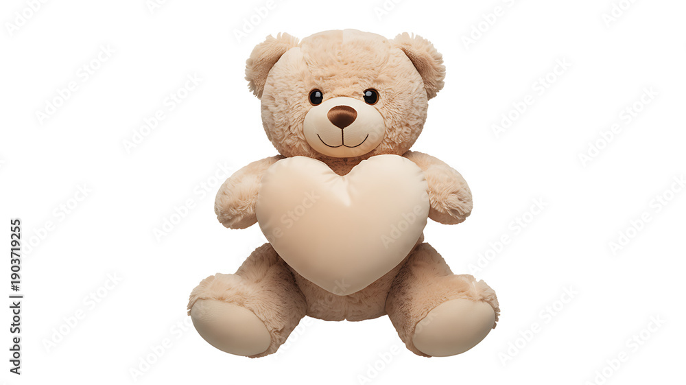 Obraz premium Cute light brown plush teddy bear holding a large white heart against a black background plush toy