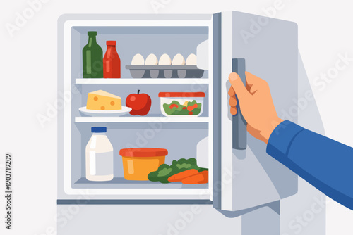 Hand opening refrigerator door with fresh food and vegetables inside