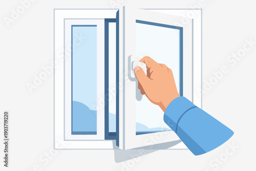 Hand opening a white pvc window for fresh air and ventilation at home