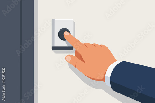 Hand pushing doorbell button, alerting resident of visitor arrival or delivery
