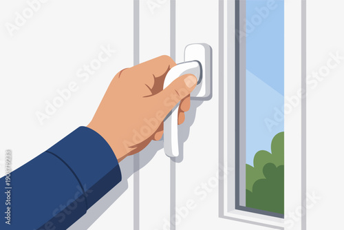 Hand opening a white window handle for ventilation or fresh air