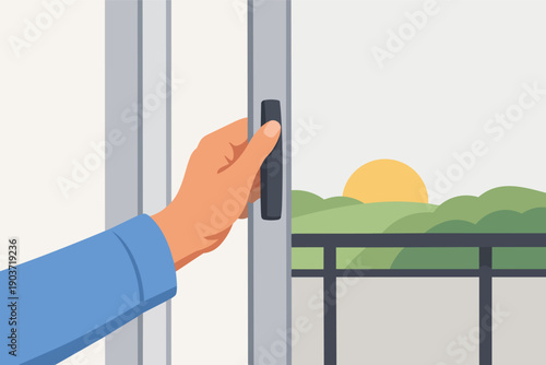 Hand opening window seeing sunrise, concept of new beginning and hope