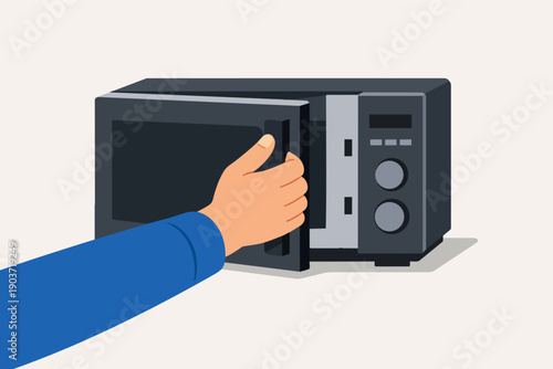 Hand opening microwave oven door for heating and preparing food