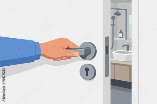 Hand turning a door handle, revealing a bathroom interior with a sink and shower