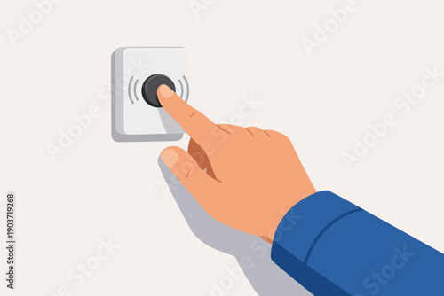 Hand pressing doorbell button, visitor arriving with a notification sound