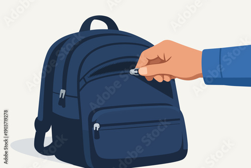 Hand opening a backpack zipper, stealing items from the unsuspecting victim's bag