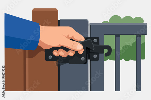 Hand opening a gate latch, providing security and privacy for a property