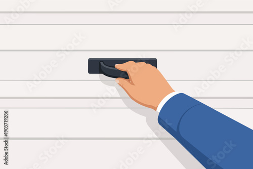 Hand pulling handle, opening garage door, finding new opportunity or business success