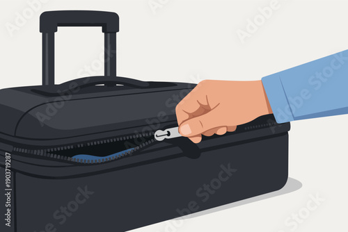 Person zipping up luggage, preparing for vacation travel or business trip
