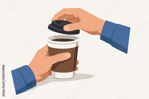 Hands opening takeaway coffee cup, getting ready for a morning drink or a break