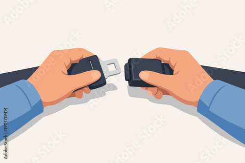 Hands buckling up a seatbelt, ensuring vehicle safety and protection