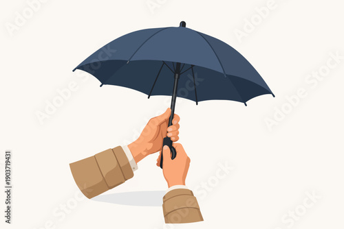 Hands holding open umbrella providing rain protection and weather safety