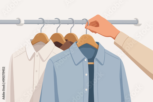 Hand choosing shirt from clothing rail, showcasing fashion, style, and shopping concept
