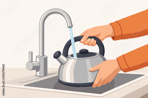 Hands filling kettle with fresh water from a kitchen faucet into a sink